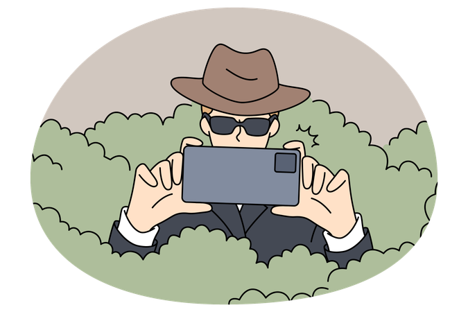 Detetive particular com câmera espionando arbustos  Ilustração