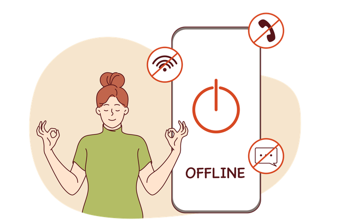 Détox numérique pour une femme méditant près de son téléphone portable éteint pour restaurer sa santé psychologique  Illustration