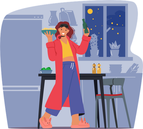 Detrimental Habit Where Woman Consumes Food During Evening  Illustration