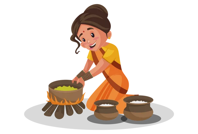 Deusas Sita cozinhando comida  Ilustração