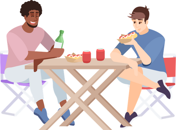 Deux amis déjeunant au camping  Illustration