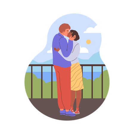 Deux amoureux s'embrassant et s'enlaçant en mer  Illustration