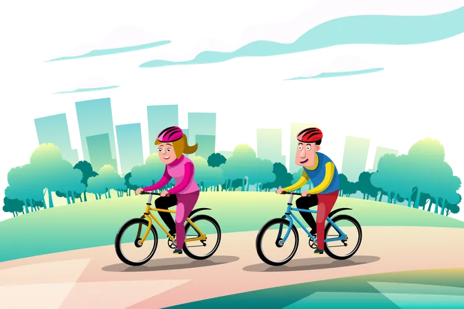 Deux athlètes heureux couple à vélo dans le parc  Illustration