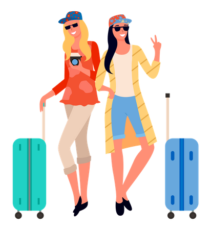 Deux belles dames debout avec leurs bagages et donnant la pose  Illustration