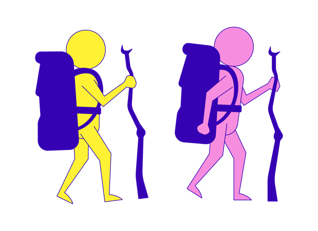 Deux randonneurs en bâtonnets avec des sacs à dos et des bâtons de marche  Illustration