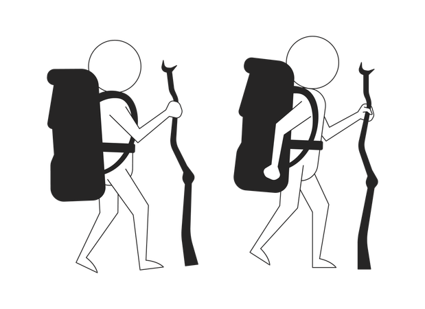 Deux randonneurs en bâtonnets avec des sacs à dos et des bâtons de marche  Illustration