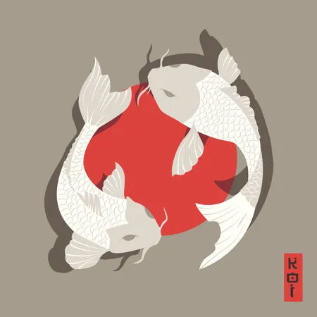 Deux poissons carpes koi nageant autour du soleil, style traditionnel japonais  Illustration