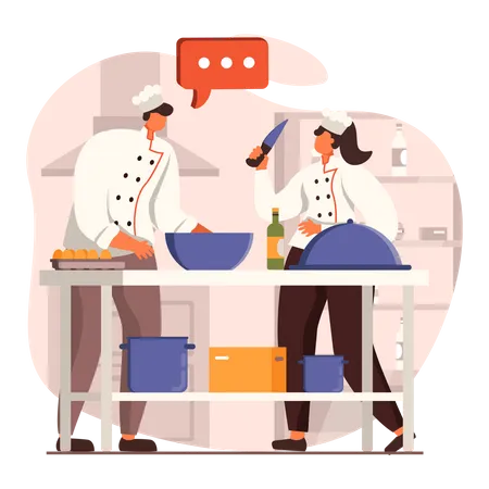 Deux chefs préparant de la nourriture  Illustration