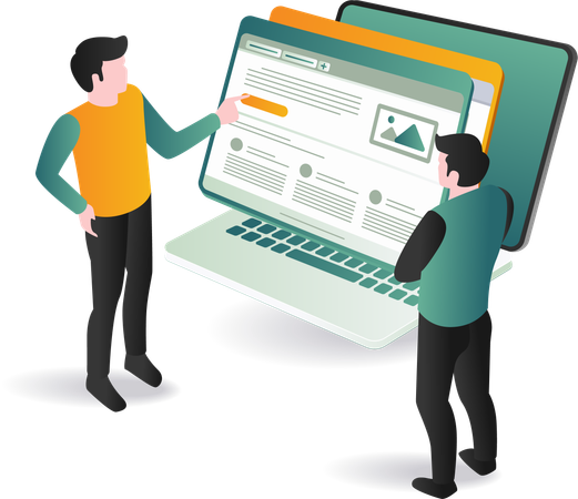 Deux développeurs Web debout à côté d'un écran d'ordinateur portable  Illustration