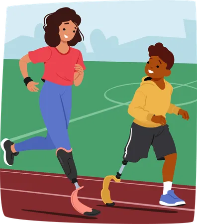 Deux jeunes athlètes avec des prothèses aux jambes participent activement à une séance de course sur une piste de sport  Illustration