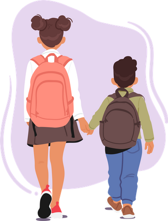 Deux enfants avec des sacs à dos marchant main dans la main vers l'école  Illustration