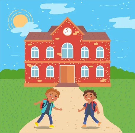 Deux enfants debout devant un bâtiment scolaire en brique rouge  Illustration