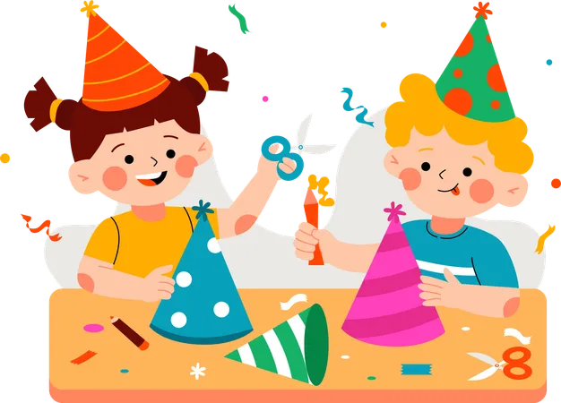 Deux enfants fabriquent des chapeaux de fête  Illustration