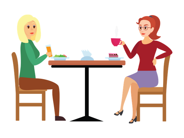 Deux femmes assises à la table de la cafétéria boivent du café et parlent  Illustration