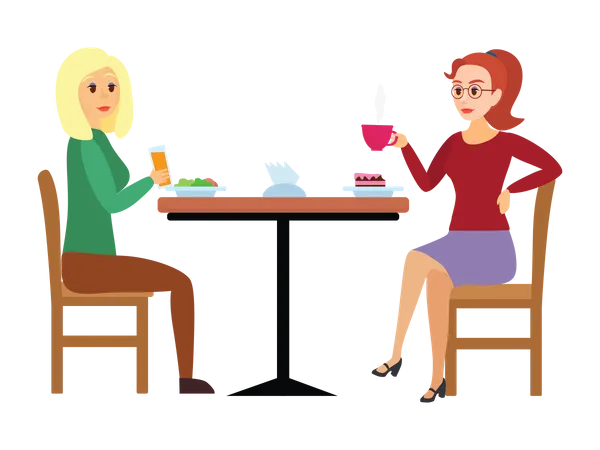 Deux femmes assises à la table de la cafétéria boivent du café et parlent  Illustration