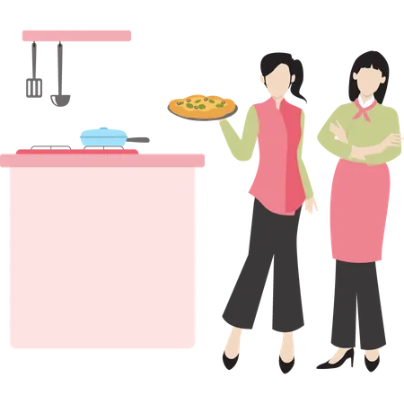 Deux femmes chefs cuisiniers préparant des pizzas  Illustration