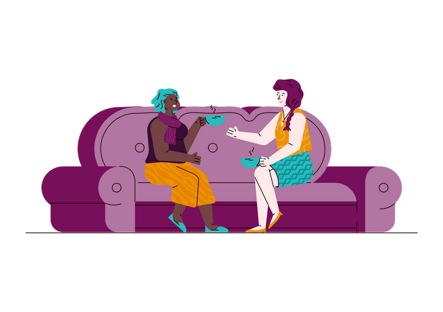 Deux femmes discutant amicalement assises sur un canapé et dégustant une tasse de thé ou de café  Illustration