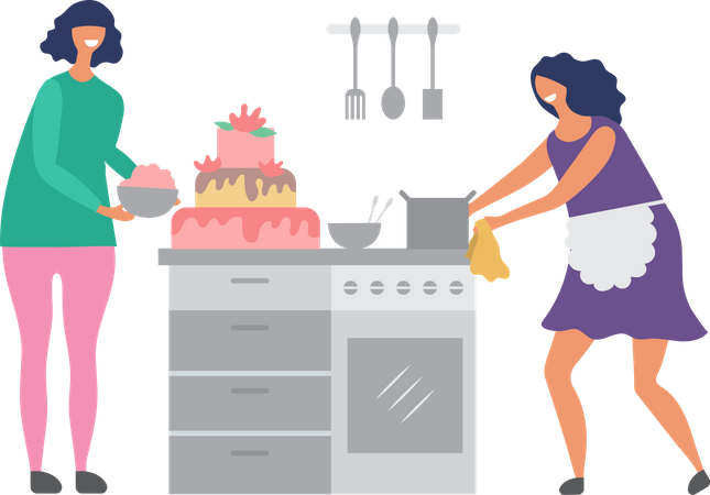 Deux femmes faisant un gâteau  Illustration