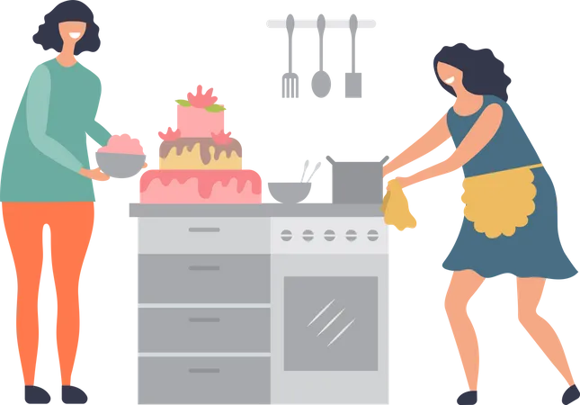 Deux femmes faisant un gâteau dans la cuisine  Illustration