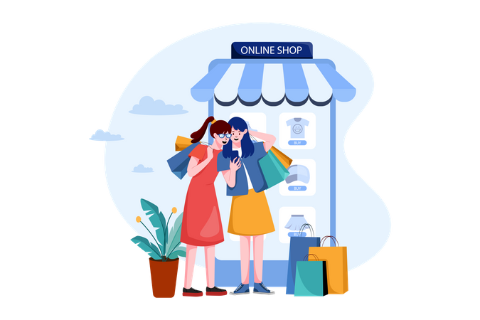 Deux femmes heureuses font du shopping en ligne  Illustration