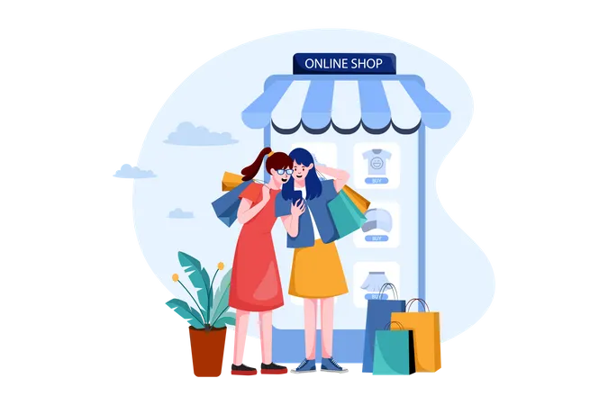 Deux femmes heureuses font du shopping en ligne  Illustration