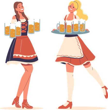 Deux femmes souriantes en costumes traditionnels allemands tenant des plateaux de bière habillées à l'Oktoberfest  Illustration