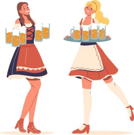 Deux femmes souriantes en costumes traditionnels allemands tenant des plateaux de bière habillées à l'Oktoberfest  Illustration