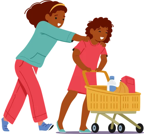 Deux filles avec panier au supermarché  Illustration