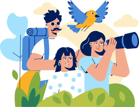 Deux filles avec un homme observant un oiseau à l'aide d'un télescope  Illustration