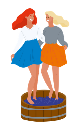 Deux filles écrasant des raisins avec les pieds  Illustration