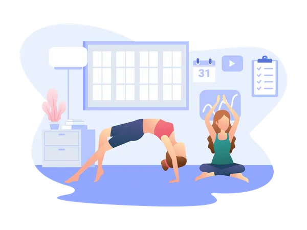 Deux filles faisant des exercices de yoga le matin  Illustration