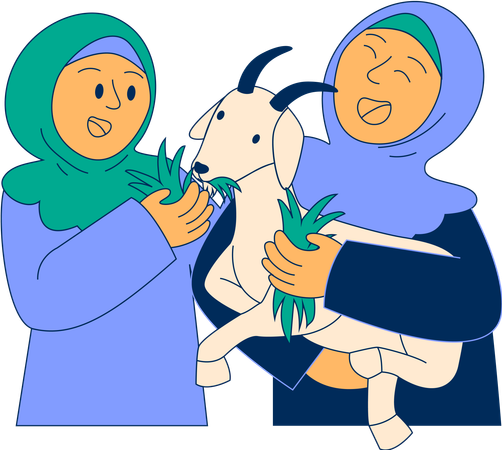 Deux filles portant un hijab nourrissant une chèvre  Illustration