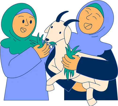 Deux filles portant un hijab nourrissant une chèvre  Illustration