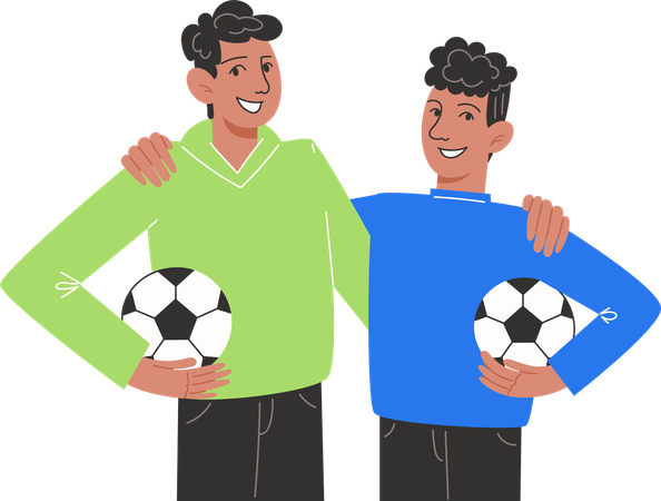 Deux frères debout l'un à côté de l'autre tenant des ballons de football  Illustration