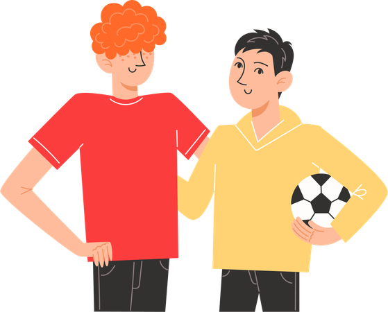 Deux frères debout l'un à côté de l'autre tenant un ballon de football  Illustration