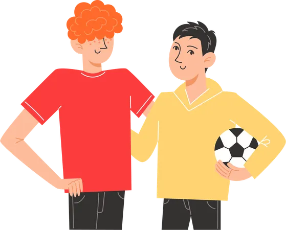 Deux frères debout l'un à côté de l'autre tenant un ballon de football  Illustration