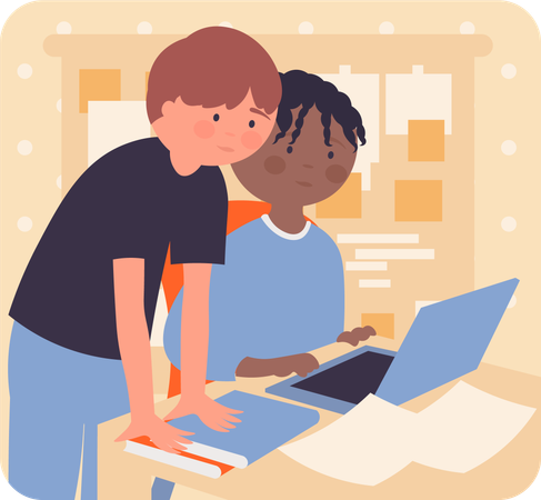 Deux garçons apprenant en ligne  Illustration