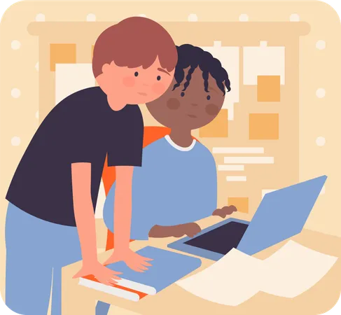 Deux garçons apprenant en ligne  Illustration