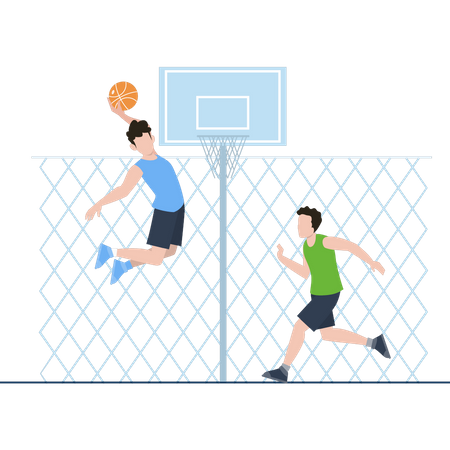 Deux garçons jouent au basket  Illustration