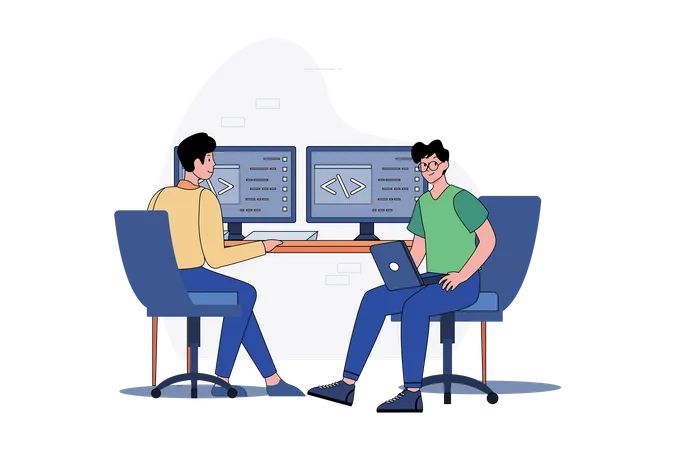 Deux gars écrivent du code pour une application ou un site Web  Illustration