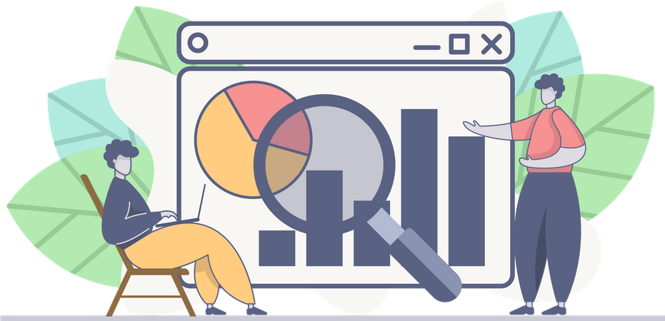 Deux gars effectuant une analyse de données en ligne  Illustration