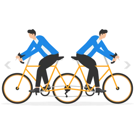 Deux hommes d'affaires chevauchant le même vélo dans la direction opposée  Illustration