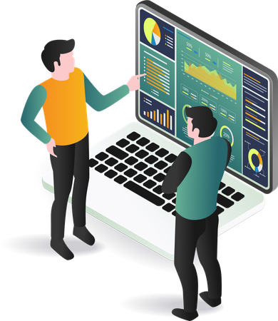Deux hommes analysant des données sur un écran d'ordinateur portable  Illustration