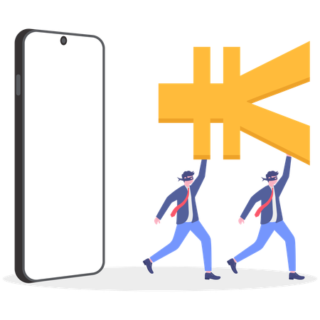 Deux hommes d'affaires tenant des yens tout en courant depuis leur téléphone portable  Illustration
