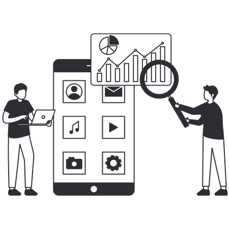 Deux hommes effectuant l'optimisation des médias en ligne  Illustration