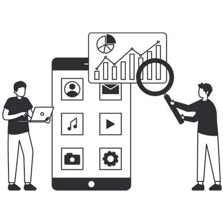 Deux hommes effectuant l'optimisation des médias en ligne  Illustration