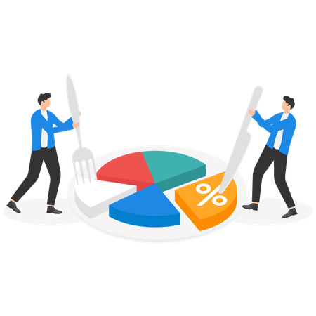 Deux hommes font un diagramme circulaire à l'aide d'un couteau et d'une fourchette  Illustration