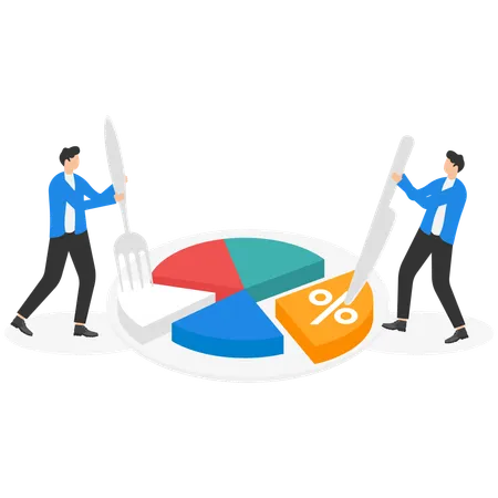 Deux hommes font un diagramme circulaire à l'aide d'un couteau et d'une fourchette  Illustration