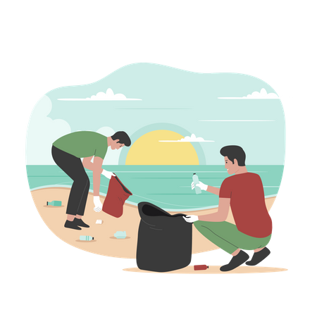 Deux hommes nettoyant la plage des déchets  Illustration