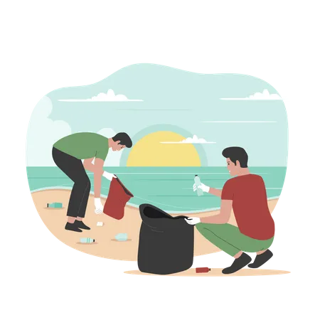 Deux hommes nettoyant la plage des déchets  Illustration